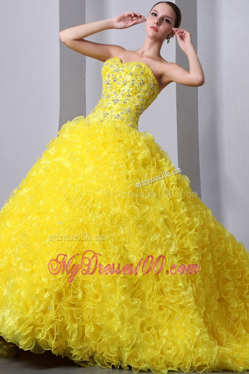Yellow A-Line Sweetheart Quince Dress Beading and Rolling Flowers