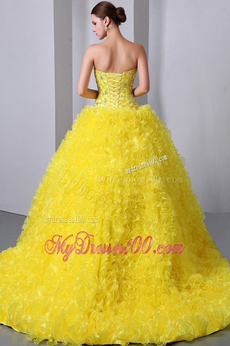 Yellow A-Line Sweetheart Quince Dress Beading and Rolling Flowers