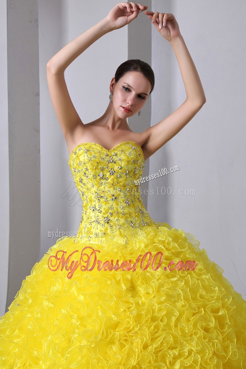 Yellow A-Line Sweetheart Quince Dress Beading and Rolling Flowers