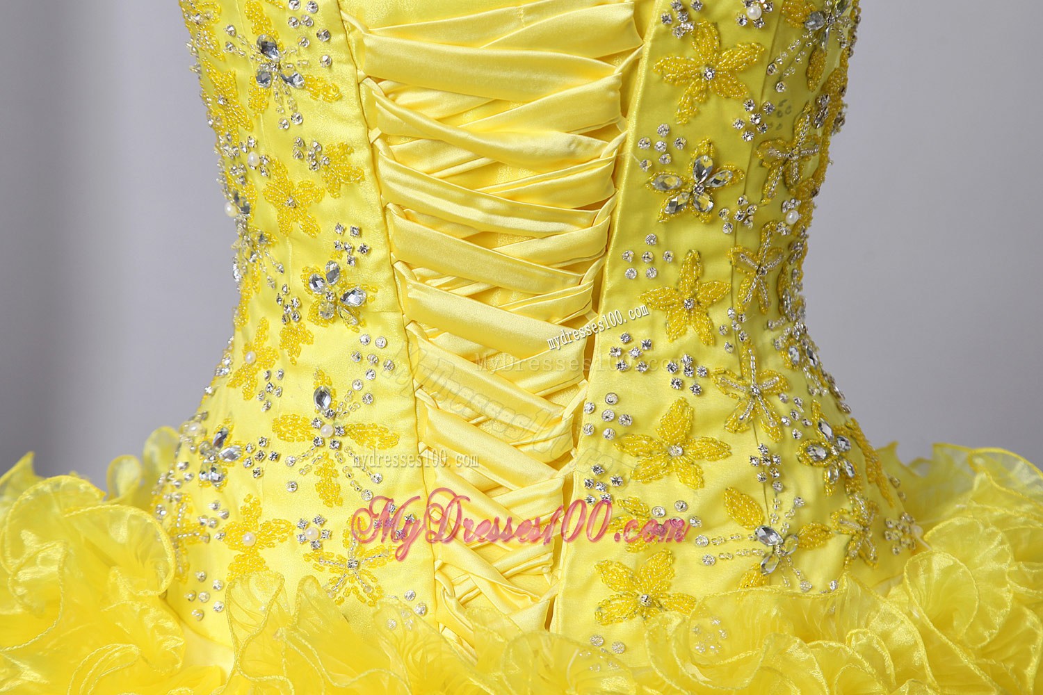 Yellow A-Line Sweetheart Quince Dress Beading and Rolling Flowers