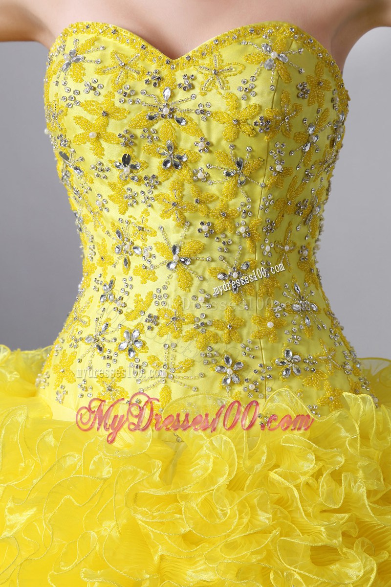 Yellow A-Line Sweetheart Quince Dress Beading and Rolling Flowers