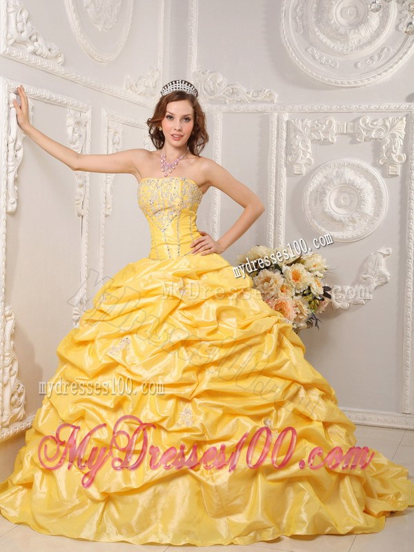 Yellow Strapless Quinceanera Dress with Appliques and Beading