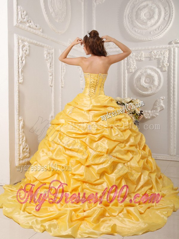 Yellow Strapless Quinceanera Dress with Appliques and Beading