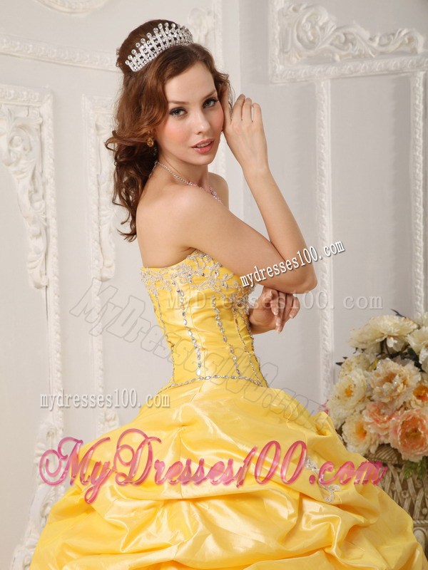 Yellow Strapless Quinceanera Dress with Appliques and Beading