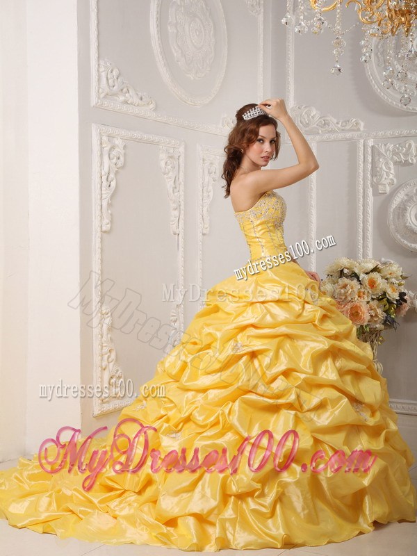 Yellow Strapless Quinceanera Dress with Appliques and Beading