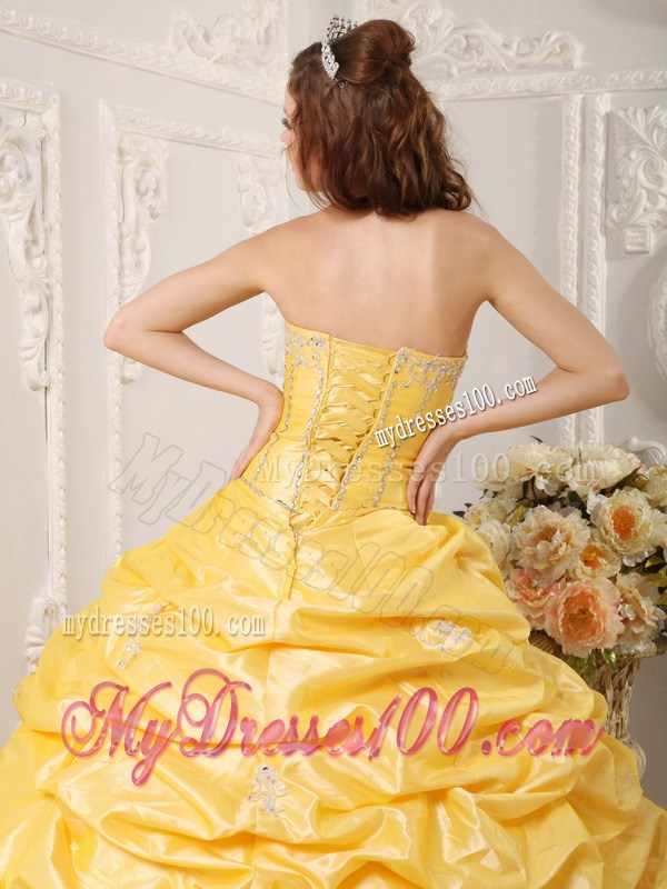 Yellow Strapless Quinceanera Dress with Appliques and Beading
