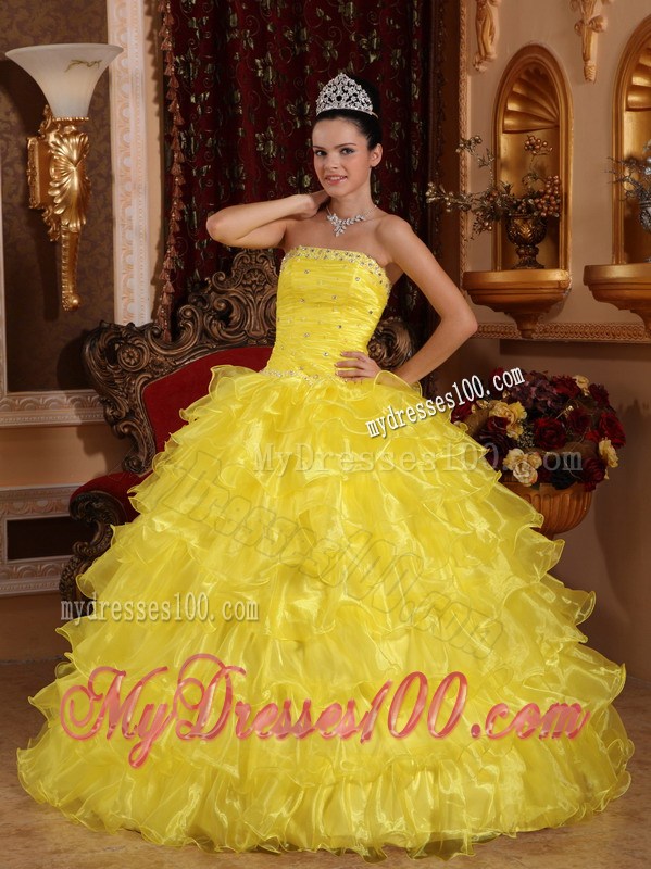 Yellow Ball Gown Quinceanera Dress Strapless Beading and Organza Layers