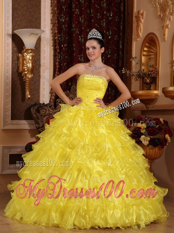 Yellow Ball Gown Quinceanera Dress Strapless Beading and Organza Layers