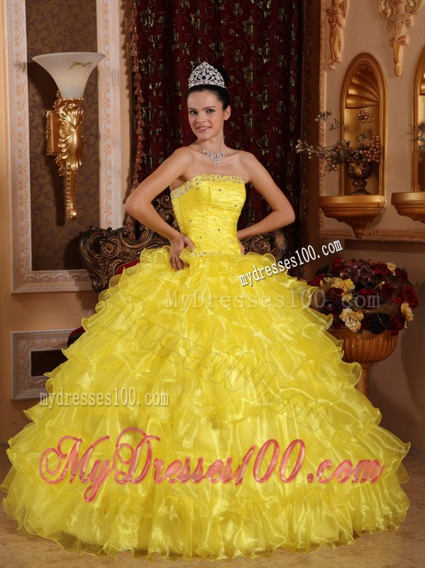 Yellow Ball Gown Quinceanera Dress Strapless Beading and Organza Layers