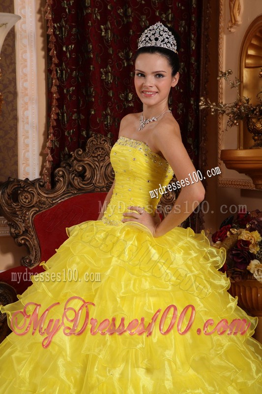 Yellow Ball Gown Quinceanera Dress Strapless Beading and Organza Layers