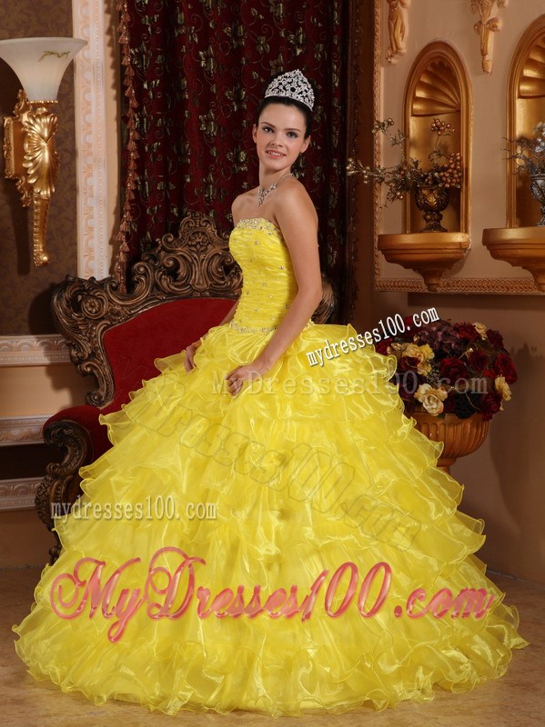 Yellow Ball Gown Quinceanera Dress Strapless Beading and Organza Layers