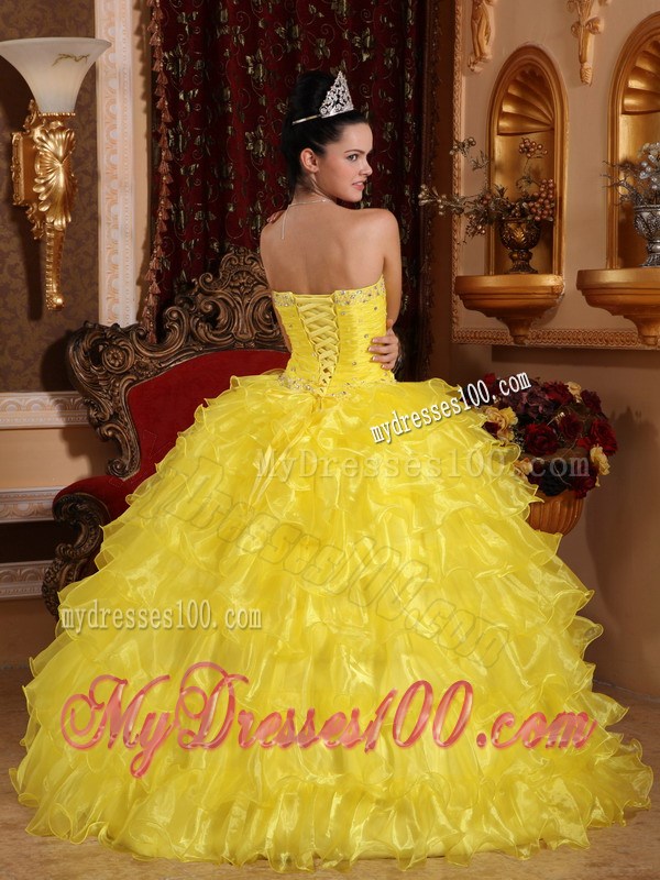 Yellow Ball Gown Quinceanera Dress Strapless Beading and Organza Layers