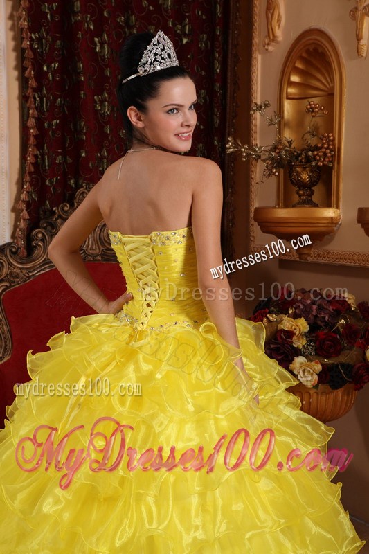 Yellow Ball Gown Quinceanera Dress Strapless Beading and Organza Layers