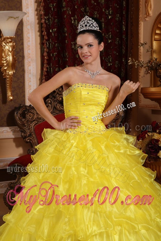 Yellow Ball Gown Quinceanera Dress Strapless Beading and Organza Layers