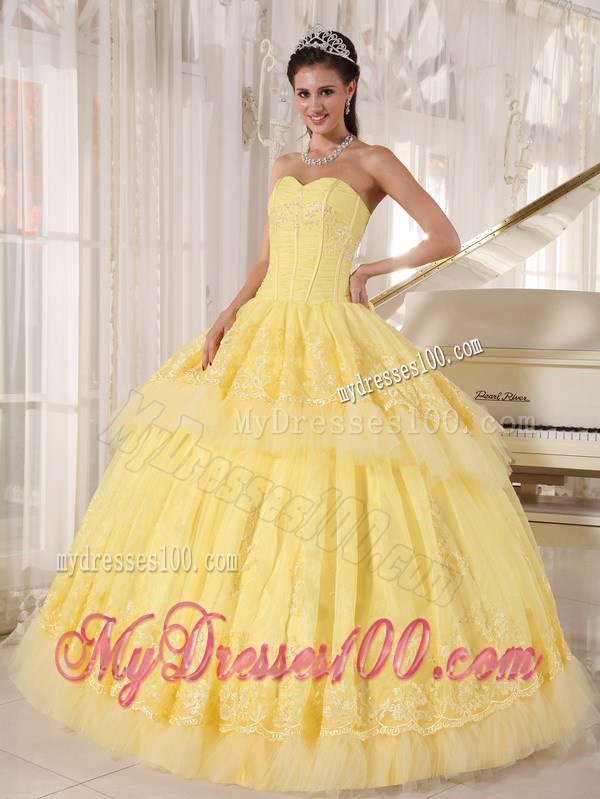 Yellow Ball Gown Sweetheart Appliques Beaded Tulle Quinceanera Dress