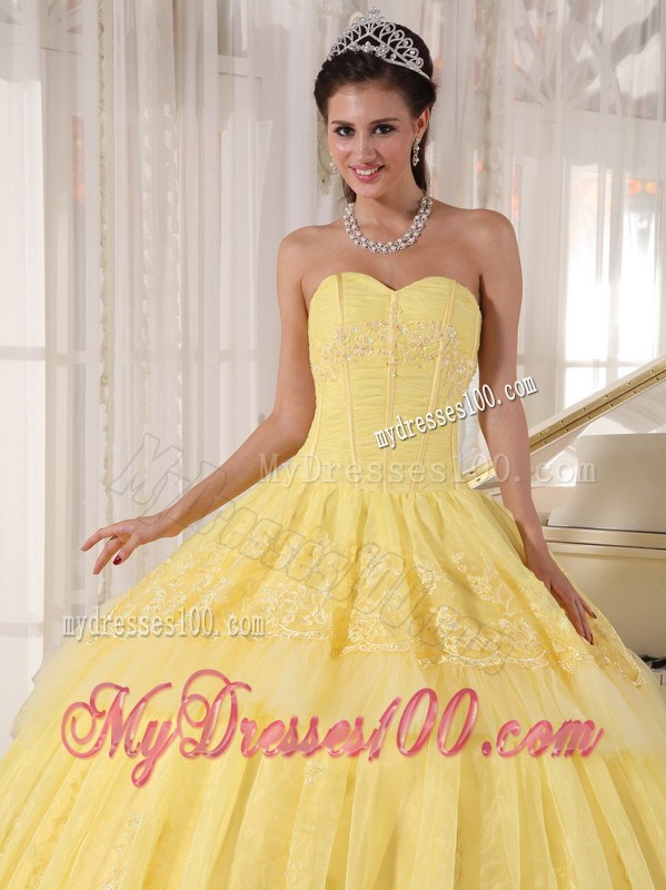 Yellow Ball Gown Sweetheart Appliques Beaded Tulle Quinceanera Dress