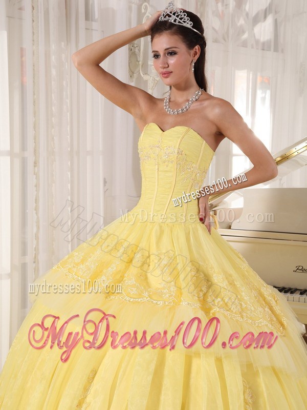 Yellow Ball Gown Sweetheart Appliques Beaded Tulle Quinceanera Dress
