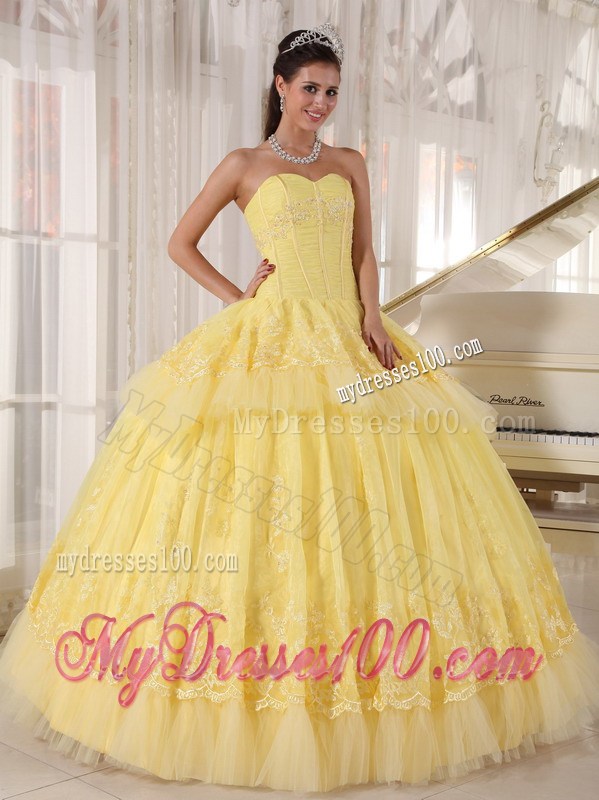 Yellow Ball Gown Sweetheart Appliques Beaded Tulle Quinceanera Dress