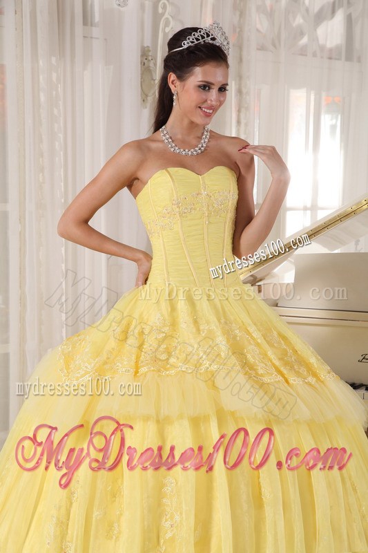 Yellow Ball Gown Sweetheart Appliques Beaded Tulle Quinceanera Dress