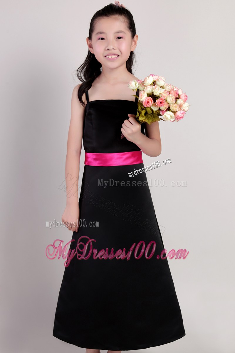 Black Sash Straps Ankle-length Flower Girl Dress