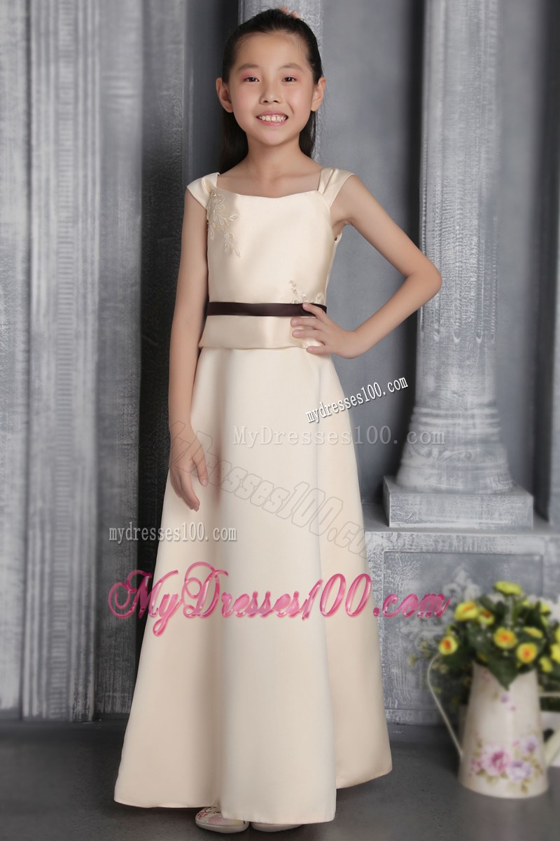 Champagne Column Square Floor-length Appliques Flower Girl Dress