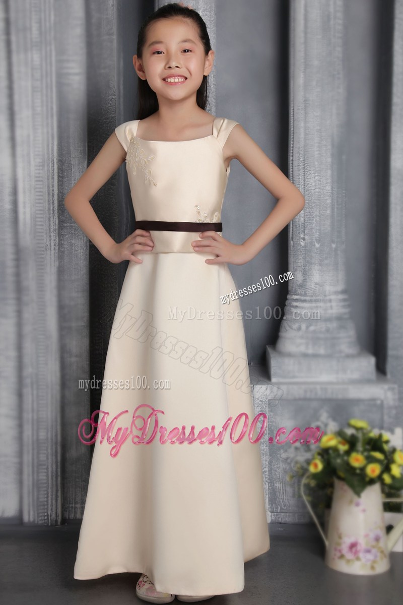 Champagne Column Square Floor-length Appliques Flower Girl Dress