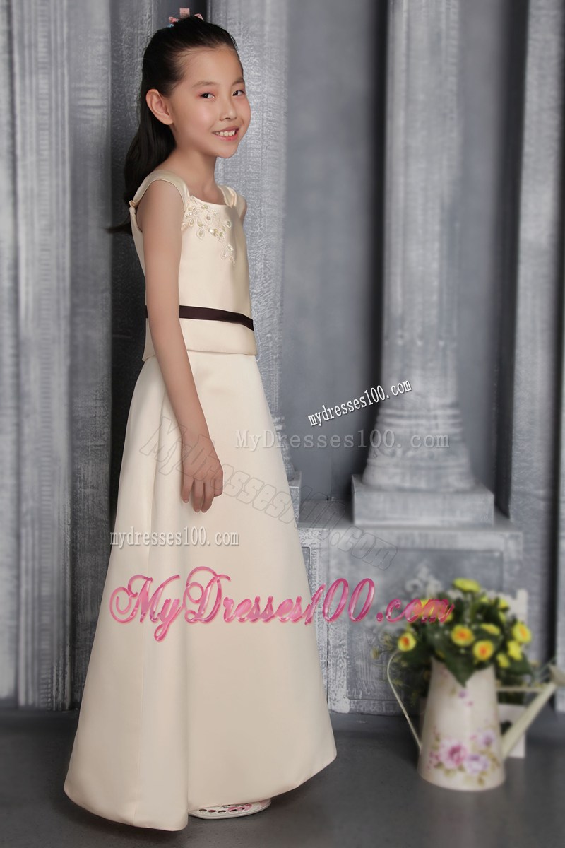 Champagne Column Square Floor-length Appliques Flower Girl Dress