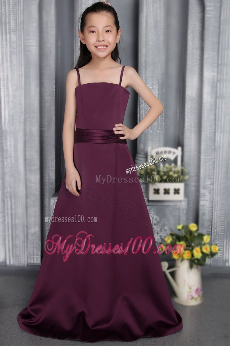 Dark Purple Straps Brush Train Belt Flower Girl Dress