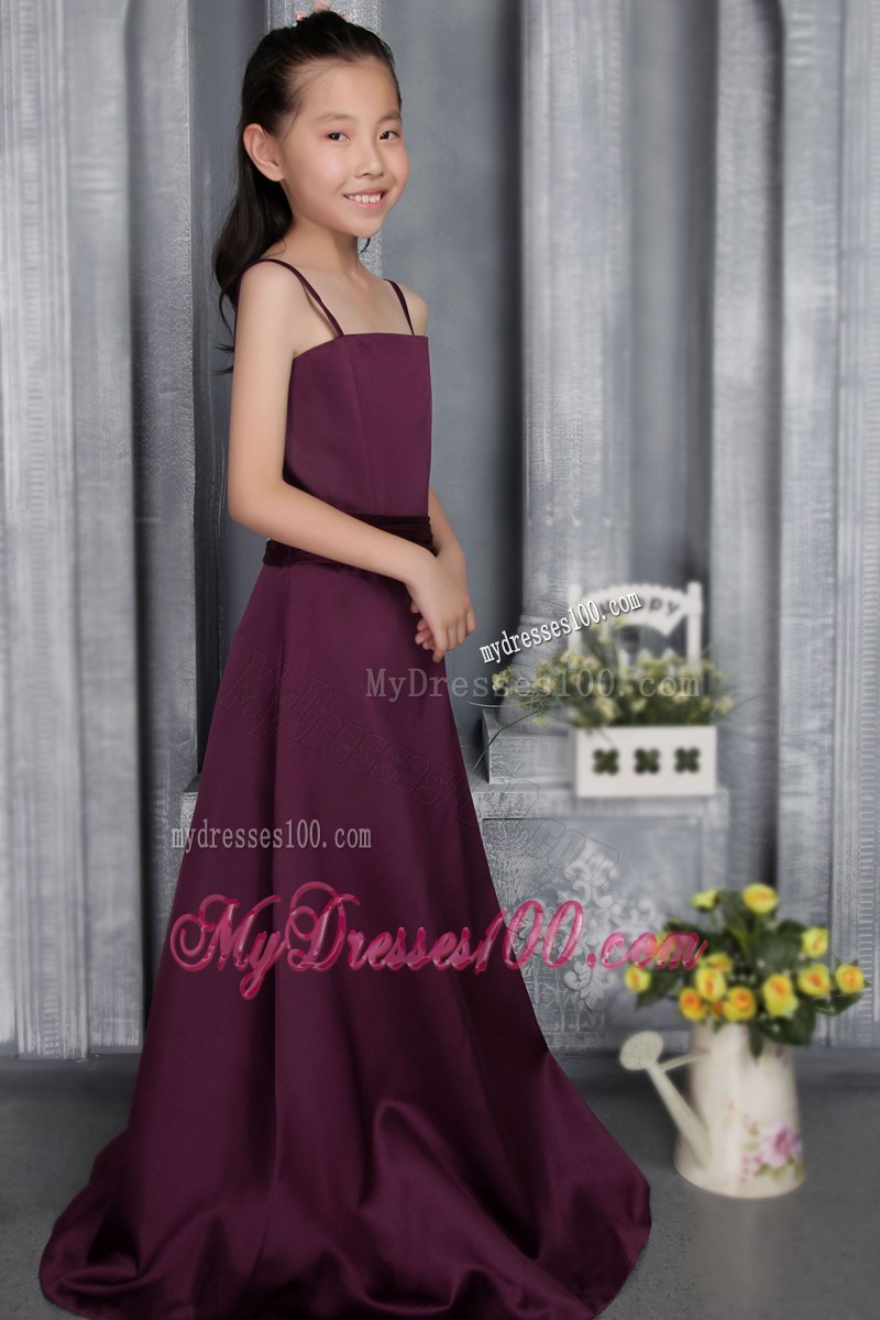 Dark Purple Straps Brush Train Belt Flower Girl Dress
