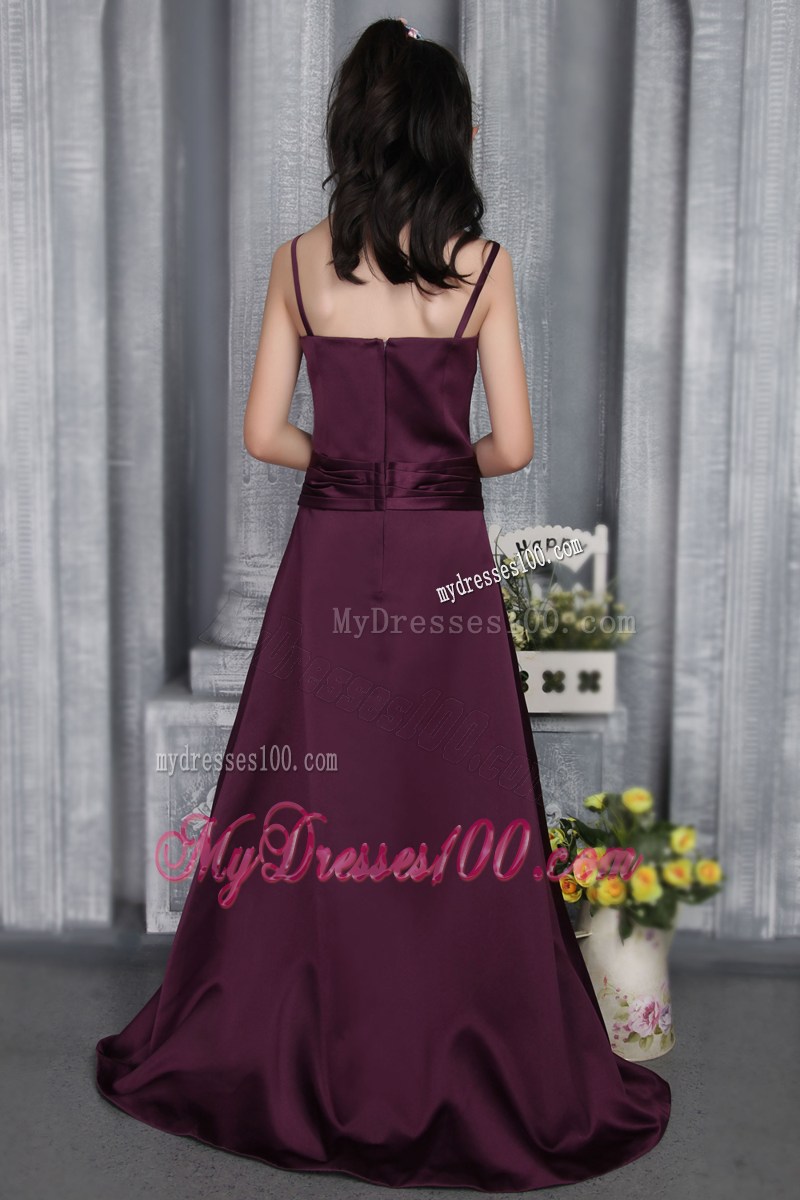 Dark Purple Straps Brush Train Belt Flower Girl Dress