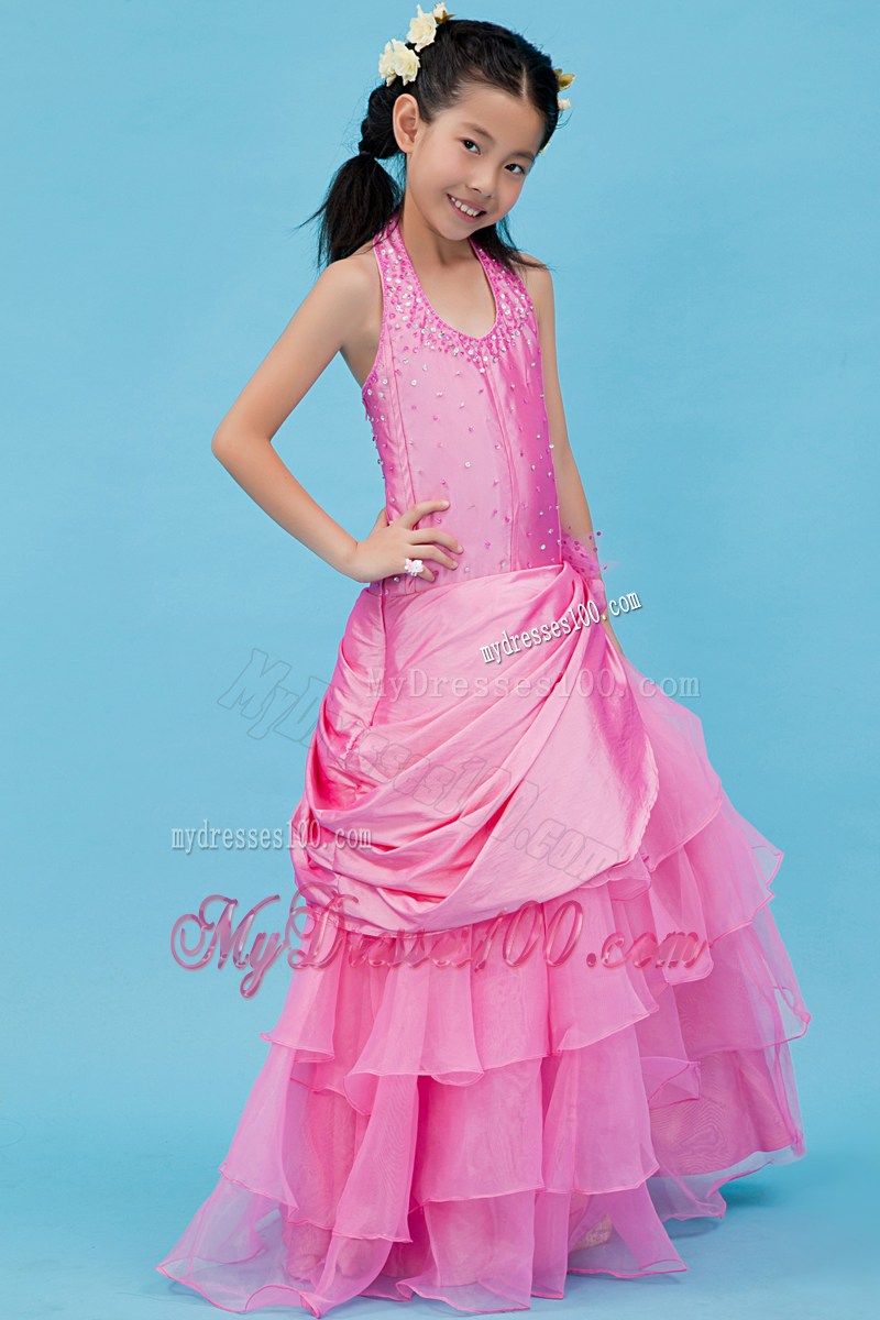 Fuchsia Halter Floor-length Beading Flower Girl Dress