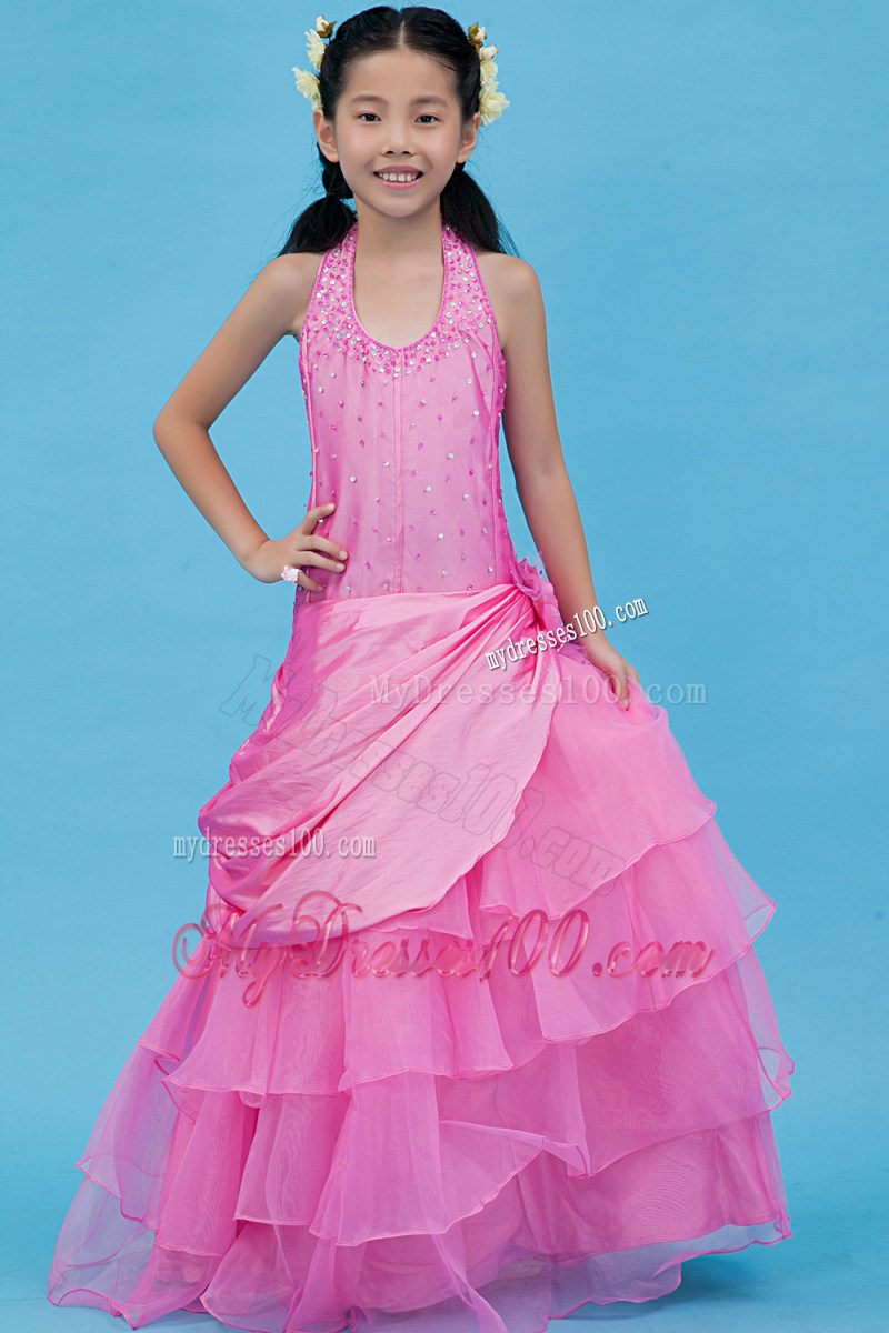 Fuchsia Halter Floor-length Beading Flower Girl Dress