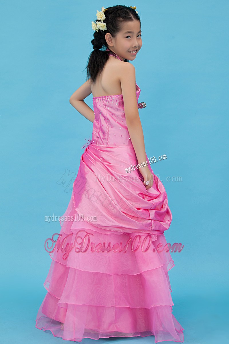Fuchsia Halter Floor-length Beading Flower Girl Dress