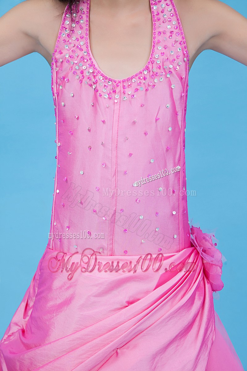 Fuchsia Halter Floor-length Beading Flower Girl Dress