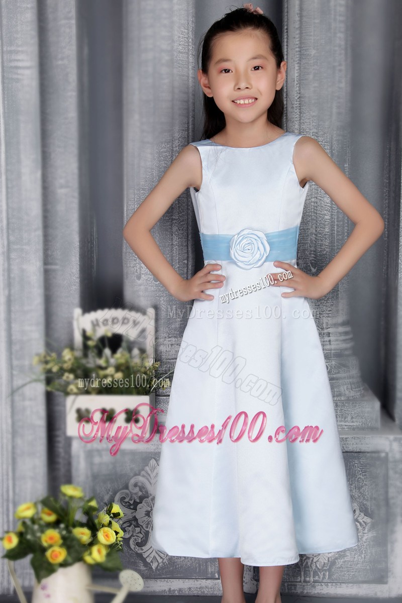 Light Blue Princess Scoop Tea-length Belt Flower Girl Dress