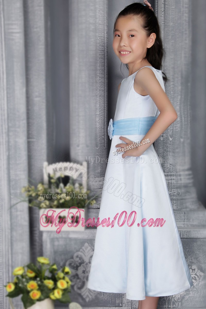 Light Blue Princess Scoop Tea-length Belt Flower Girl Dress
