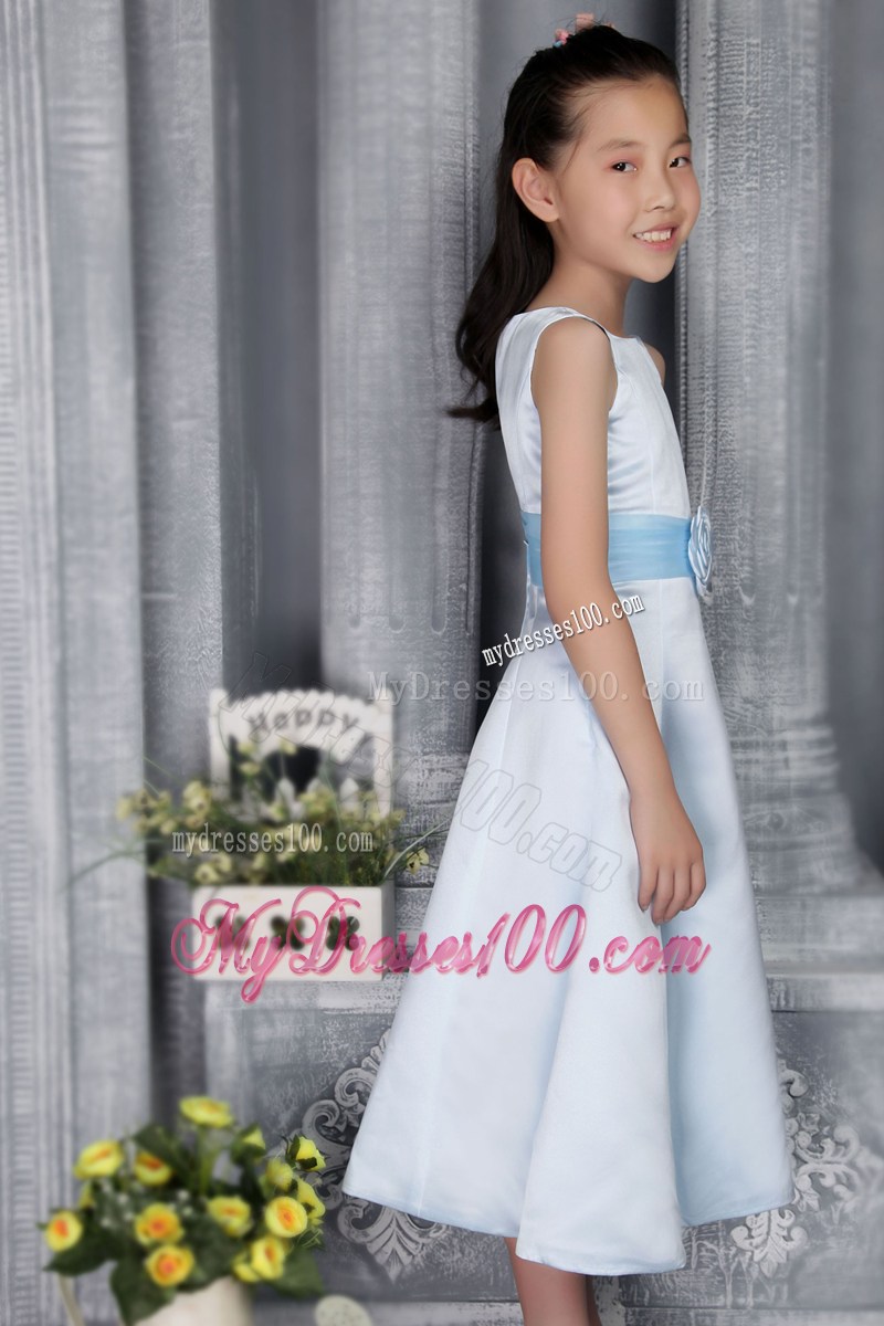 Light Blue Princess Scoop Tea-length Belt Flower Girl Dress