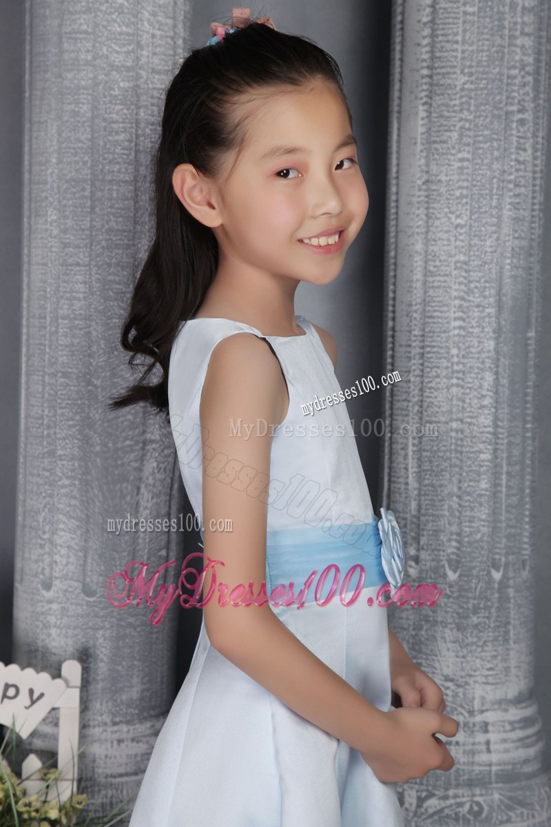 Light Blue Princess Scoop Tea-length Belt Flower Girl Dress