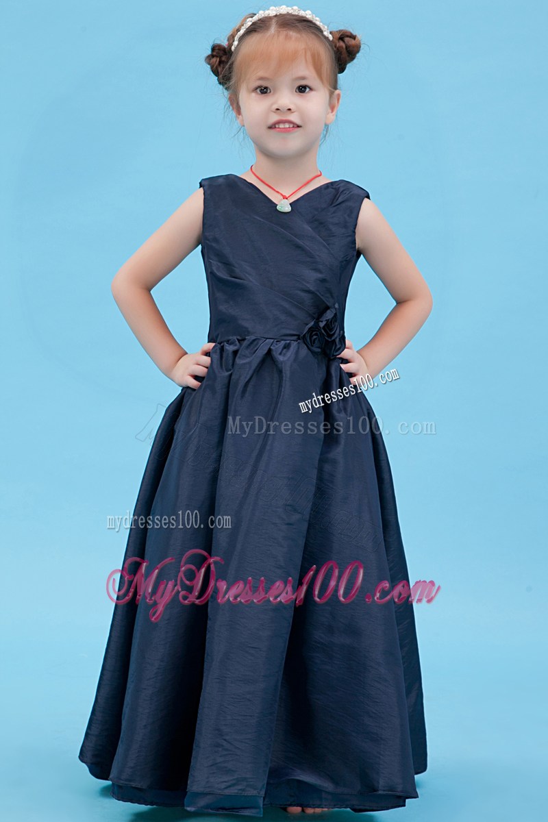 Navy Blue V-neck Floor-length Flower Girl Dress