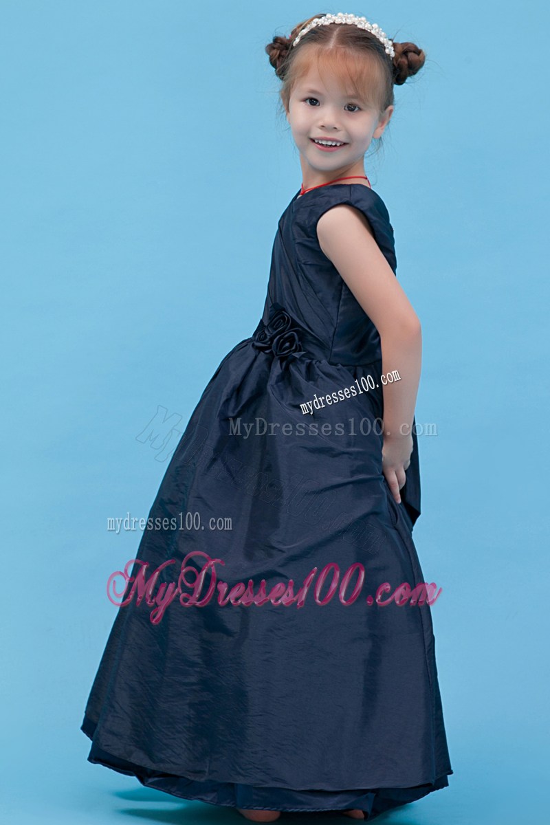 Navy Blue V-neck Floor-length Flower Girl Dress