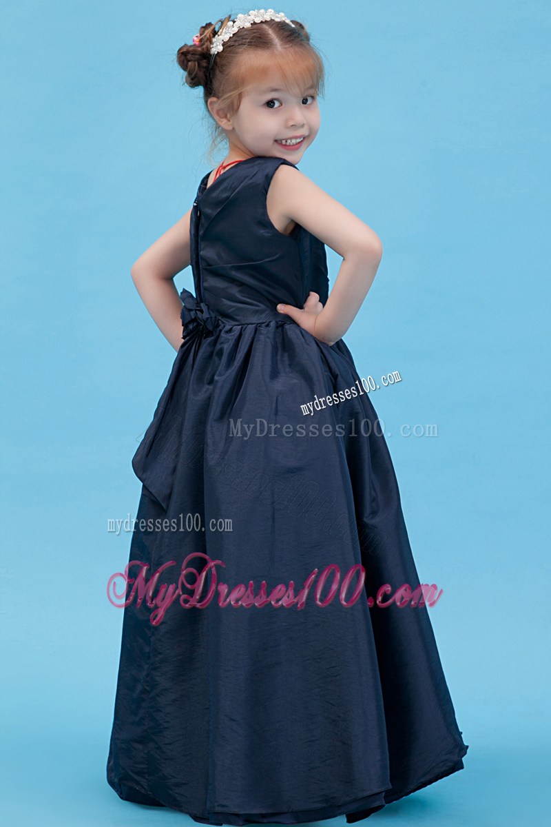 Navy Blue V-neck Floor-length Flower Girl Dress