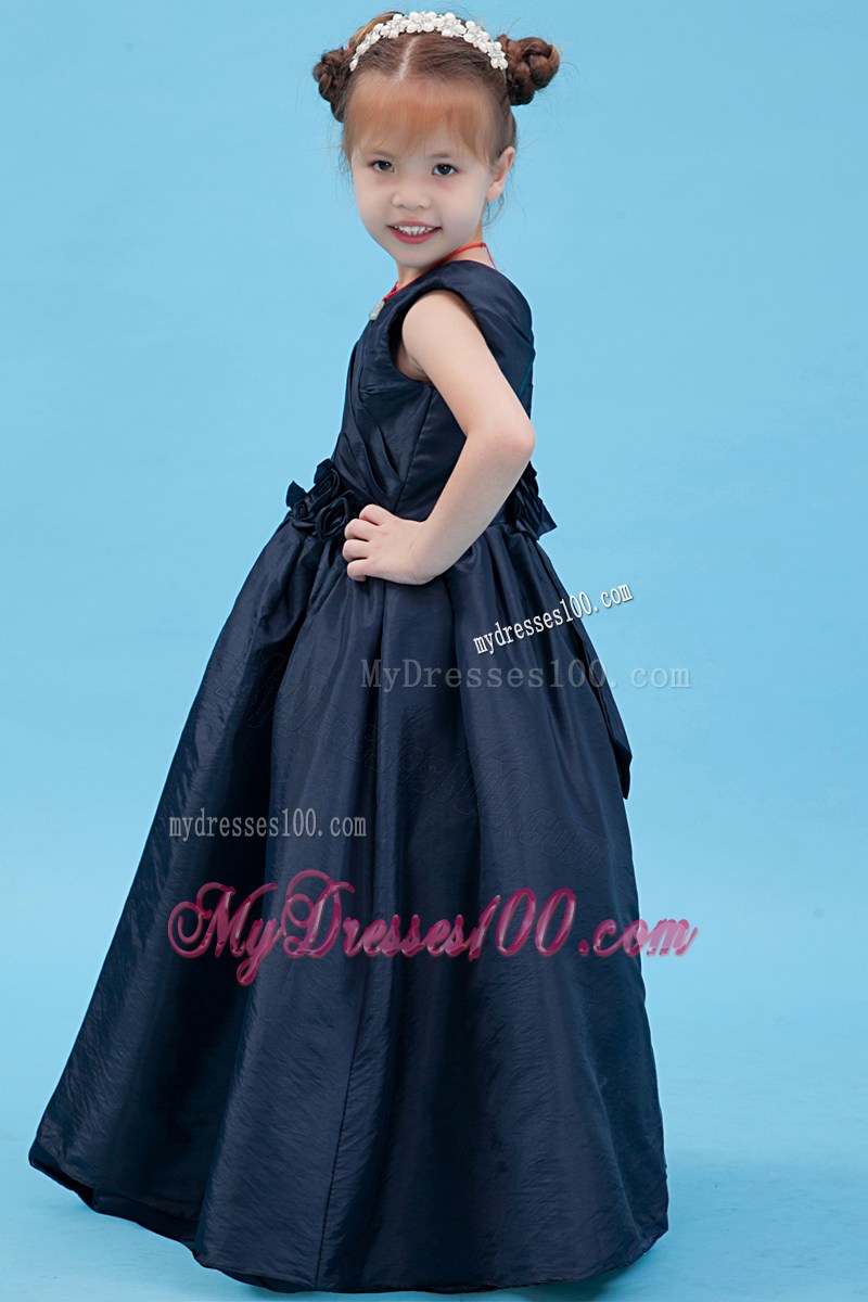 Navy Blue V-neck Floor-length Flower Girl Dress