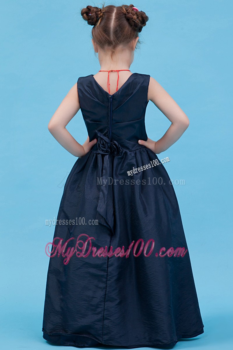 Navy Blue V-neck Floor-length Flower Girl Dress