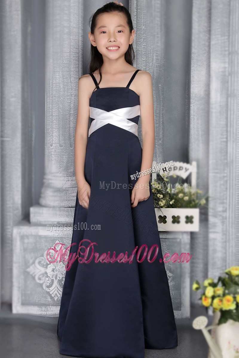Navy Blue Column Straps floor-length Flower Girl Dress