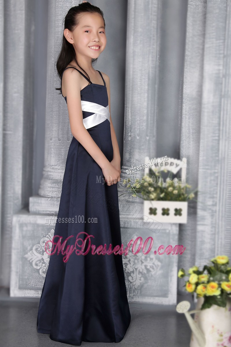 Navy Blue Column Straps floor-length Flower Girl Dress