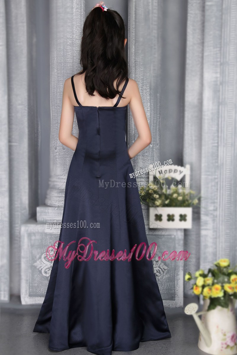 Navy Blue Column Straps floor-length Flower Girl Dress