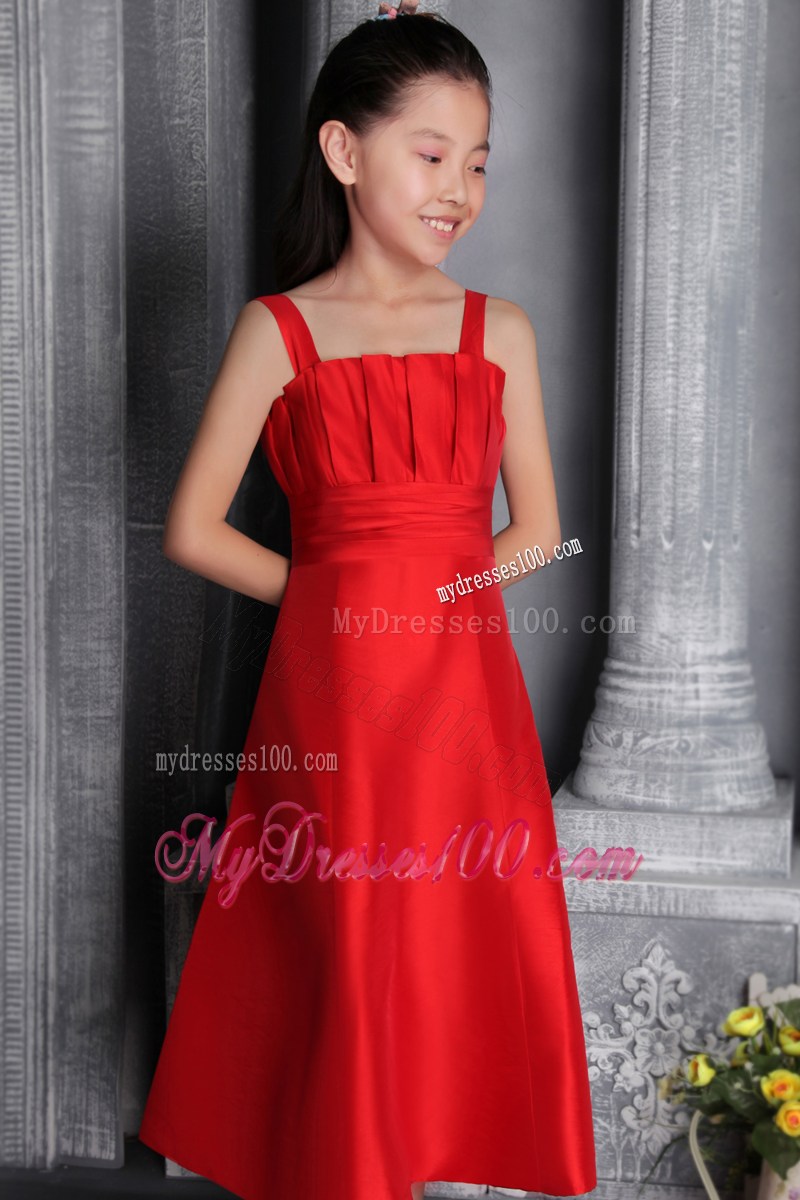 Red A-line Princess Wide Straps Tea-length Ruched Flower Girl Dress