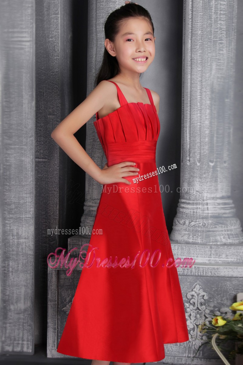 Red A-line Princess Wide Straps Tea-length Ruched Flower Girl Dress