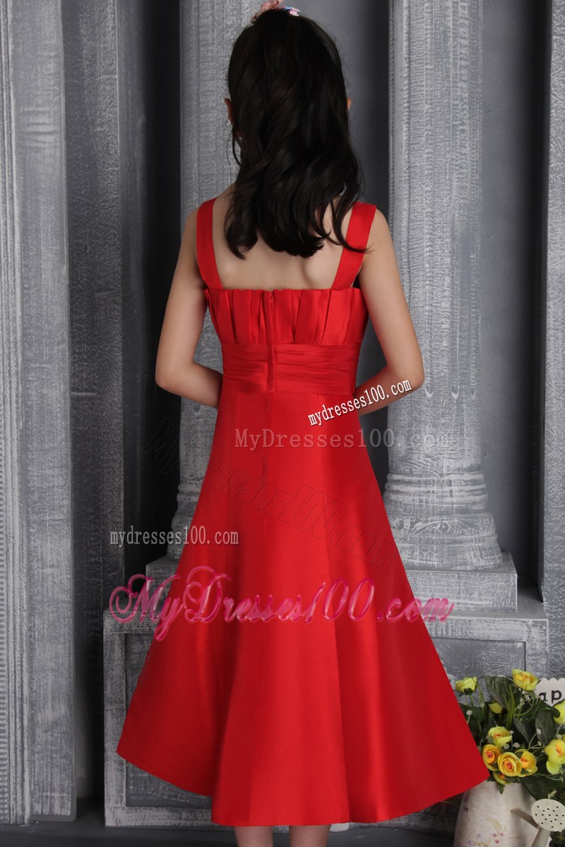 Red A-line Princess Wide Straps Tea-length Ruched Flower Girl Dress