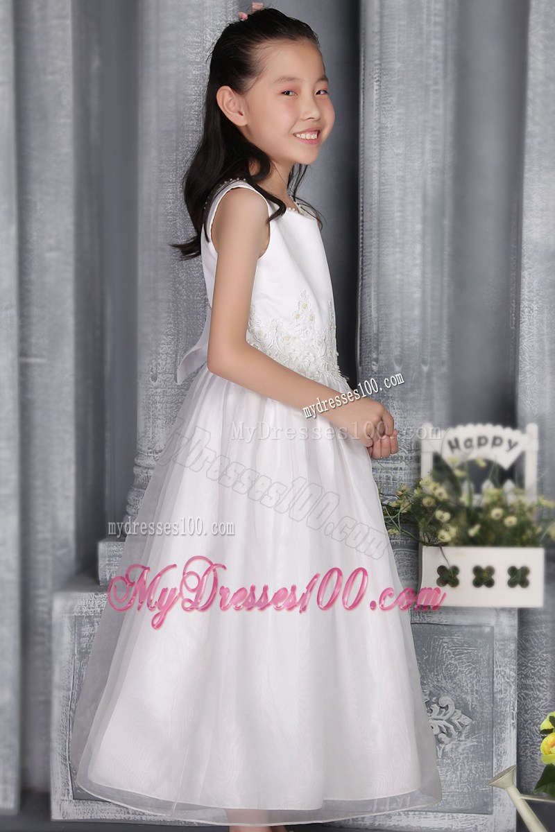 White Scoop Ankle-length Appliques Flower Girl Dress